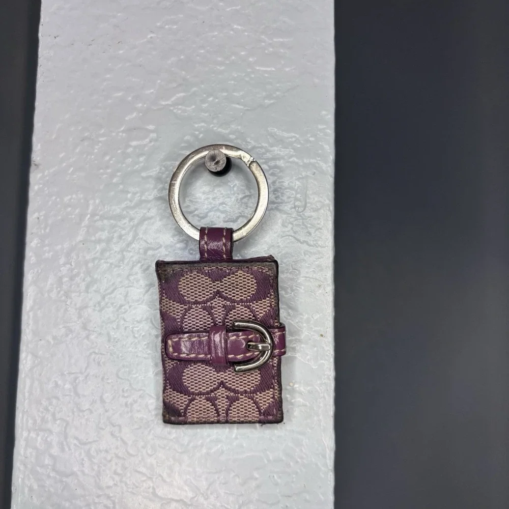 Vtg Coach Purple Signature Leather Photo Frame Keychain Purse Charm